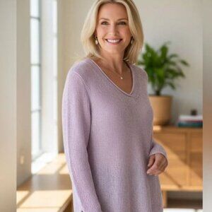 Eileen Fisher Lavender Linen Blend V-Neck Lightweight Sweater Italian Yarn  XL